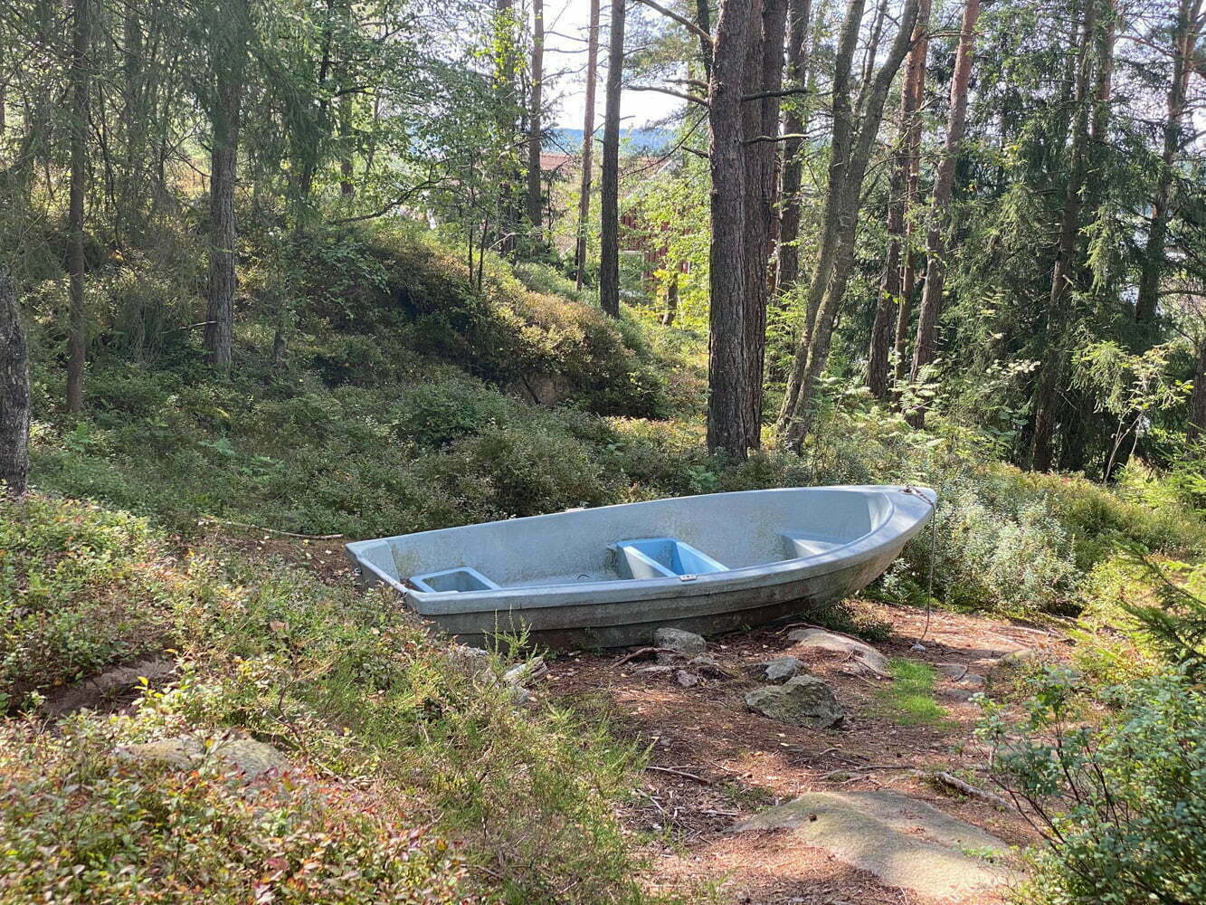 Bilde av en gammel robåt ved en sti i skogsområde